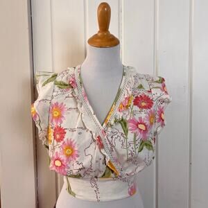 Calypso St Barth Linen Crop Top Floral Map Print Tie Waist Blouse Small